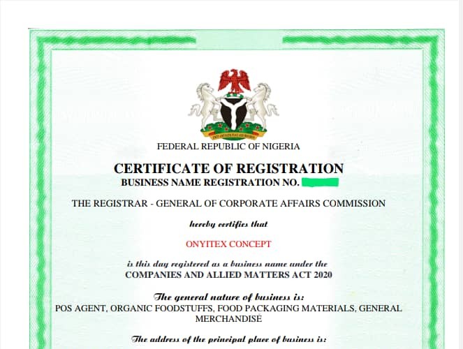 CAC Certificate of Registration for Onyitex Concept