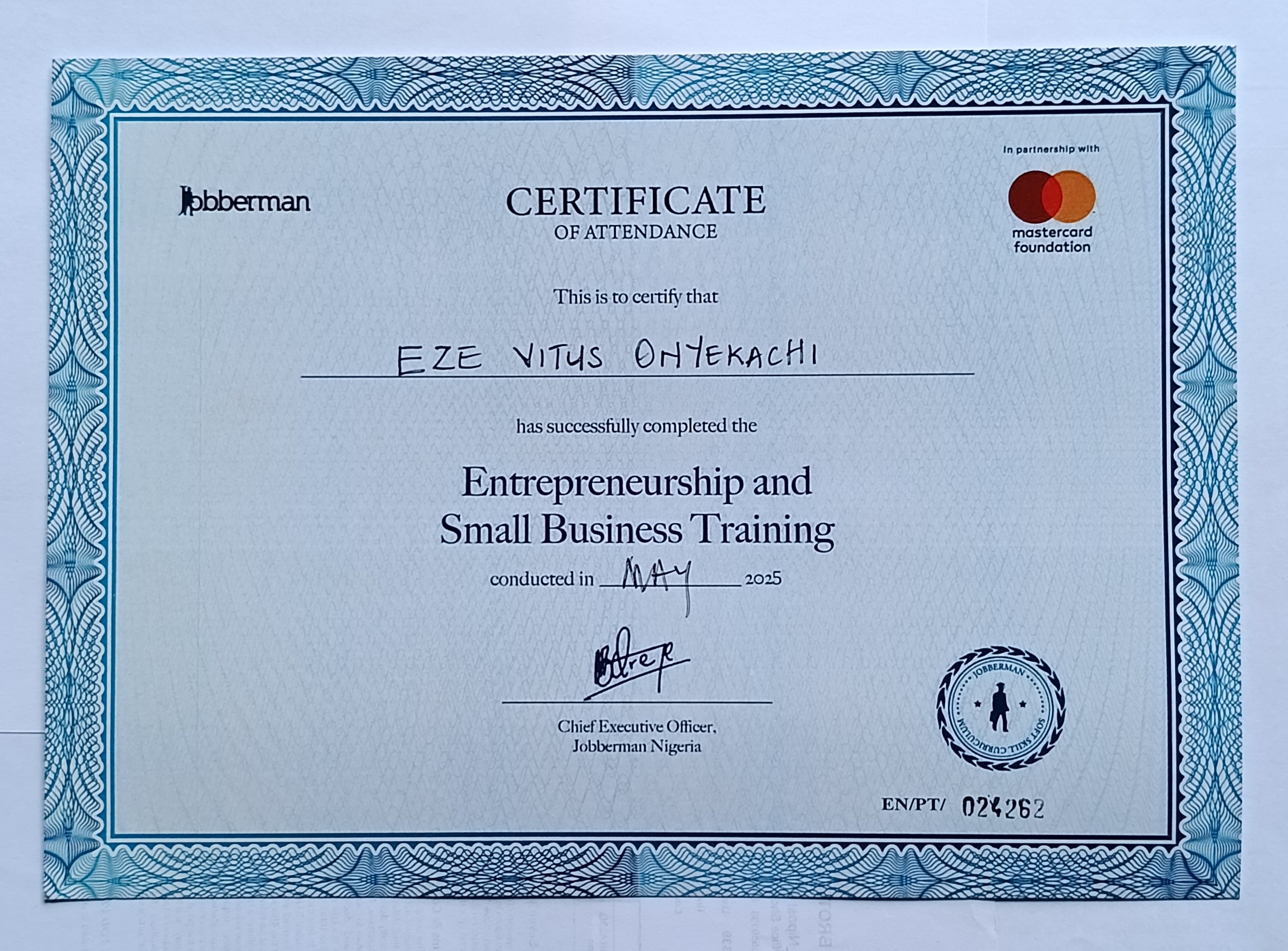 Jobberman Certificate of Attendance for Entrepreneurship and Small Business Training