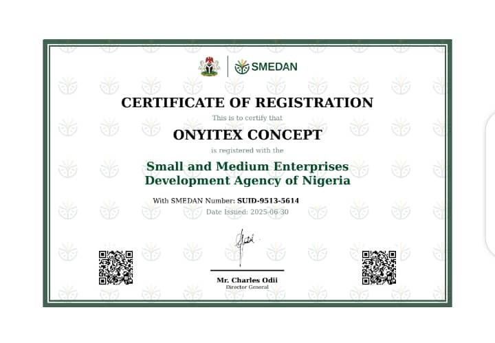 SMEDAN Certificate of Registration for Onyitex Concept