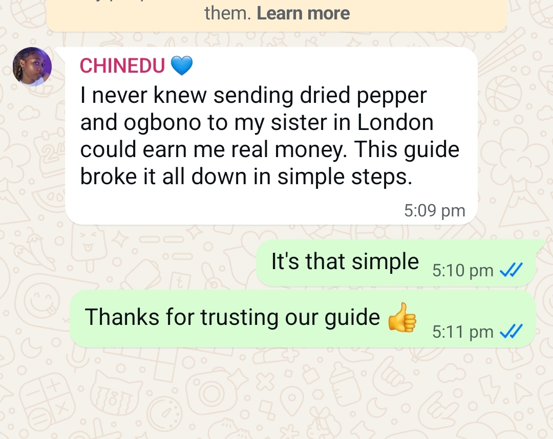 WhatsApp testimonial from Chinedu