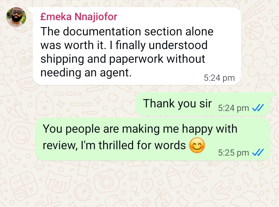 WhatsApp testimonial from Emeka